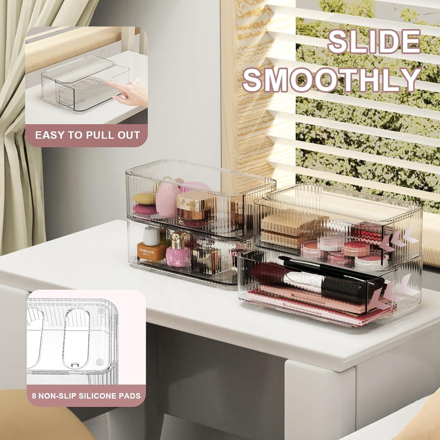 4 Pack Stackable Storage Drawers, Clear Acrylic Makeup Organizer for Vanity, Plastic Storage Bins, Multi-Purpose Cosmetic Display Organizers for Jewelry, Bathroom, Office, Pantry, Home Organization