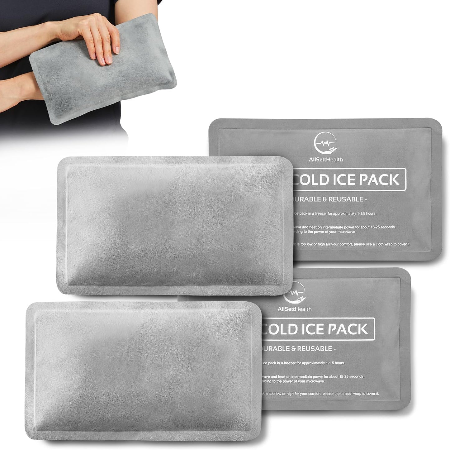 Reusable Ice Packs for Injuries - (10" x 6") Soft Ice Pack with 1 Sided Velvet Soft Fleece Fabric, Flexible Hot and Cold Gel Ice Pack Set, Grey, Pack of 4