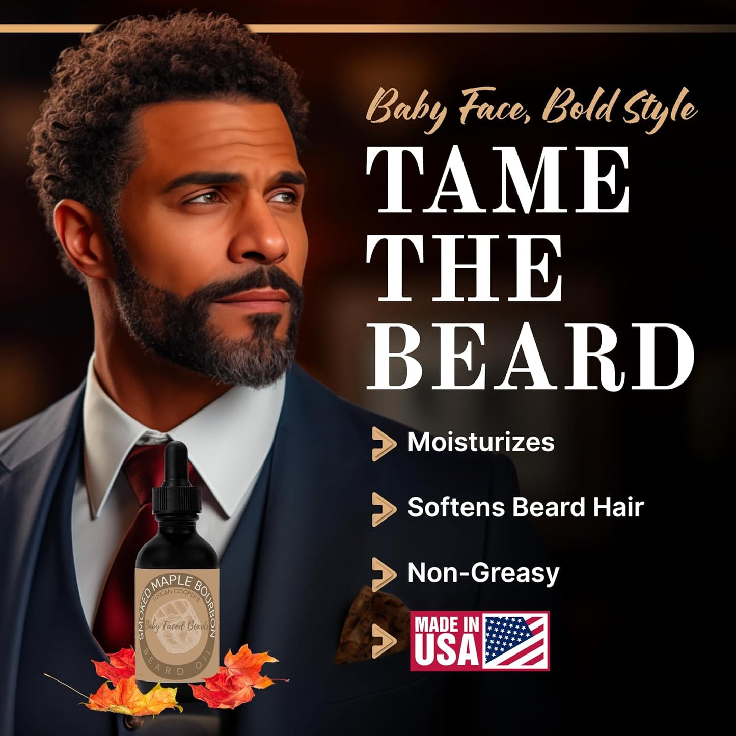 Tuscan Cooper's Baby Faced Beards Oil for Men - Hydrating, Nourishing, Natural Beard Softener and Conditioner for All Hair Types. Coconut, Jojoba, and Sweet Almond Moisture - Smoked Maple Bourbon