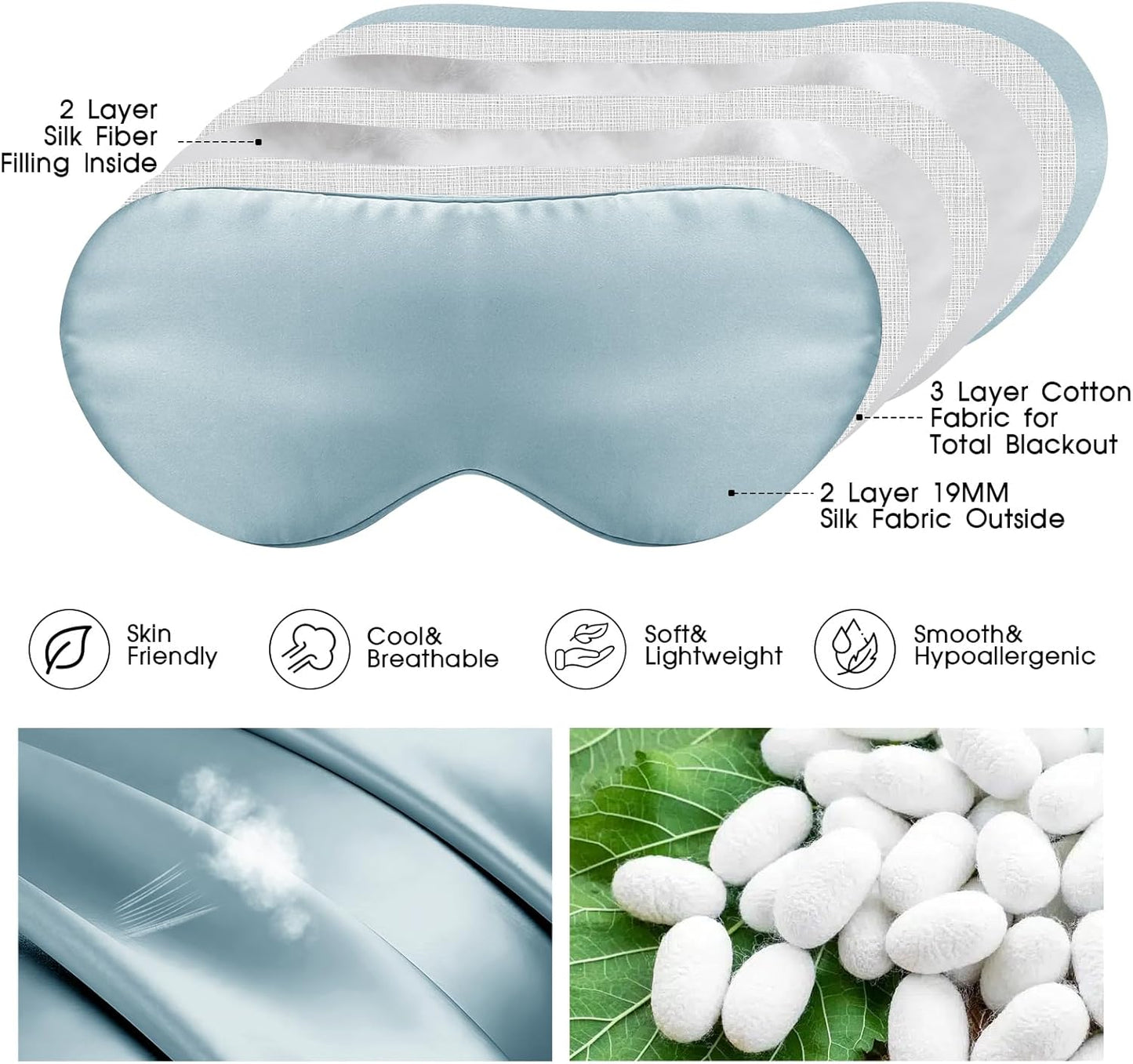 Mulberry Silk Blackout Adjustable Sleep Eye Mask for Men/Women Travel Plane,Pale Blue