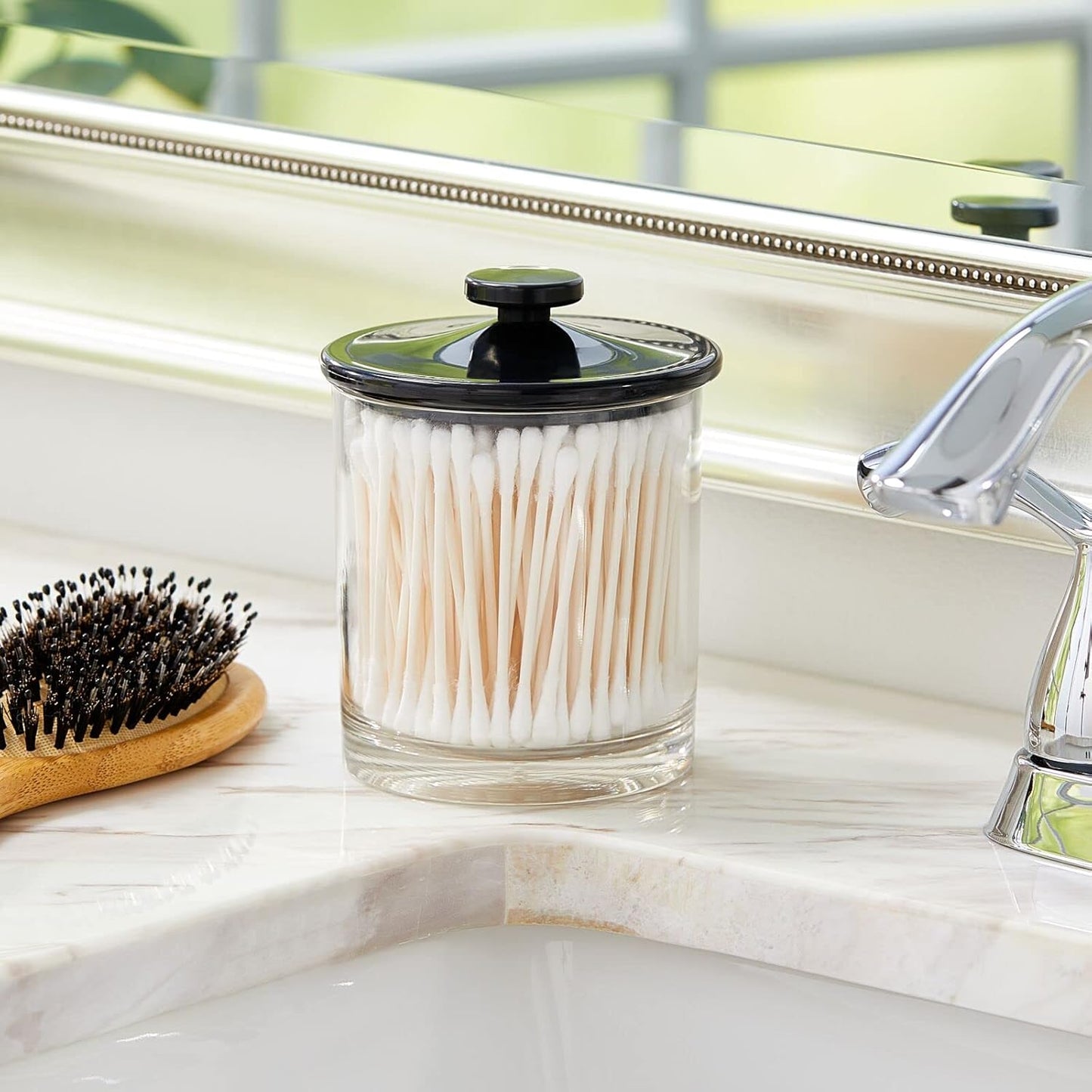 mDesign Small Modern Apothecary Storage Organizer Canister Jars - Acrylic Containers for Bathroom, Organization Holder for Vanity, Counter, Makeup Table, Lumiere Collection, 2 Pack, Clear/Black