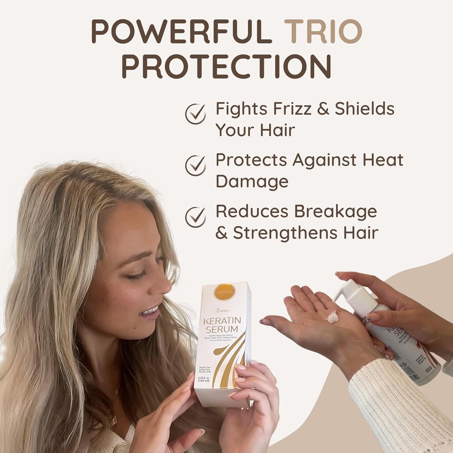 VITAMINS hair cosmetics Keratin Hair Serum for Frizzy and Damaged Hair - Anti Frizz Serum with Biotin, Castor Oil & Collagen for Heat Protection, Shine and Gloss Treatment - 4.25 Fl Oz