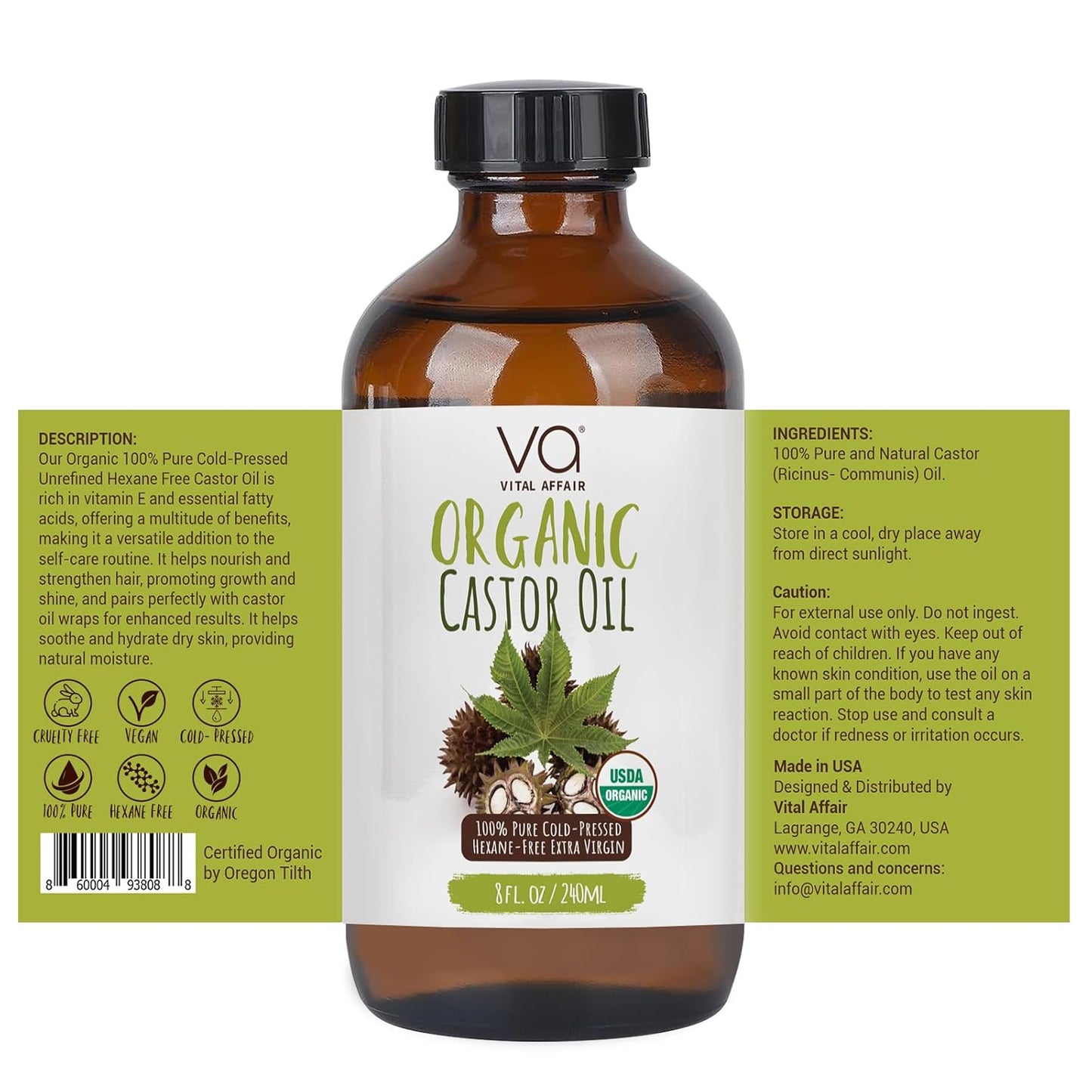 Castor Oil Organic Cold Pressed Unrefined Glass Bottle - USDA Certified Castor Oil For Hair Growth, Skin, Eyelashes, Eyebrows & Nails - 8 Fl Oz