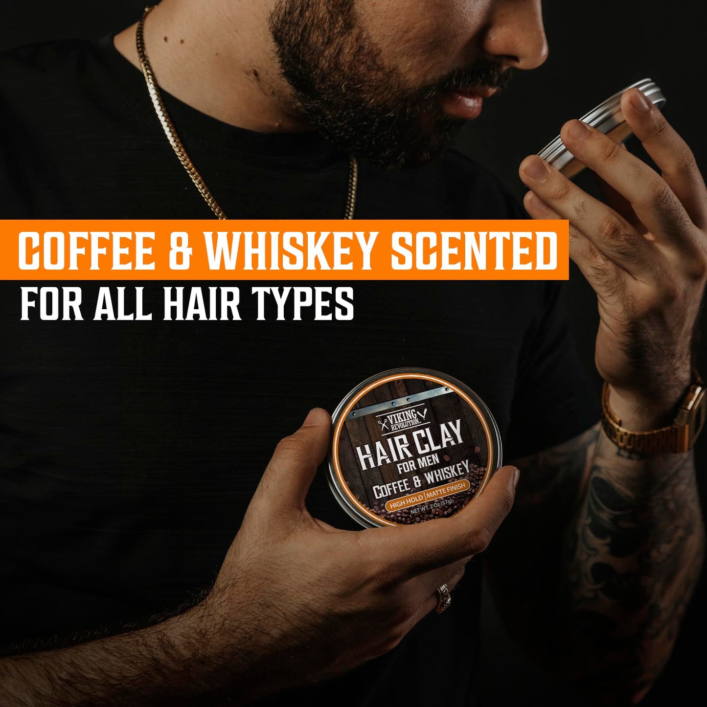 Viking Revolution Coffee & Whiskey Hair Clay for Men - Matte Finish, Texturizing Clay Pomade for Men with Jojoba Oil and Vitamin E - Effortless Hair Styling Cream - Strong Hold, Natural Finish (2 oz)