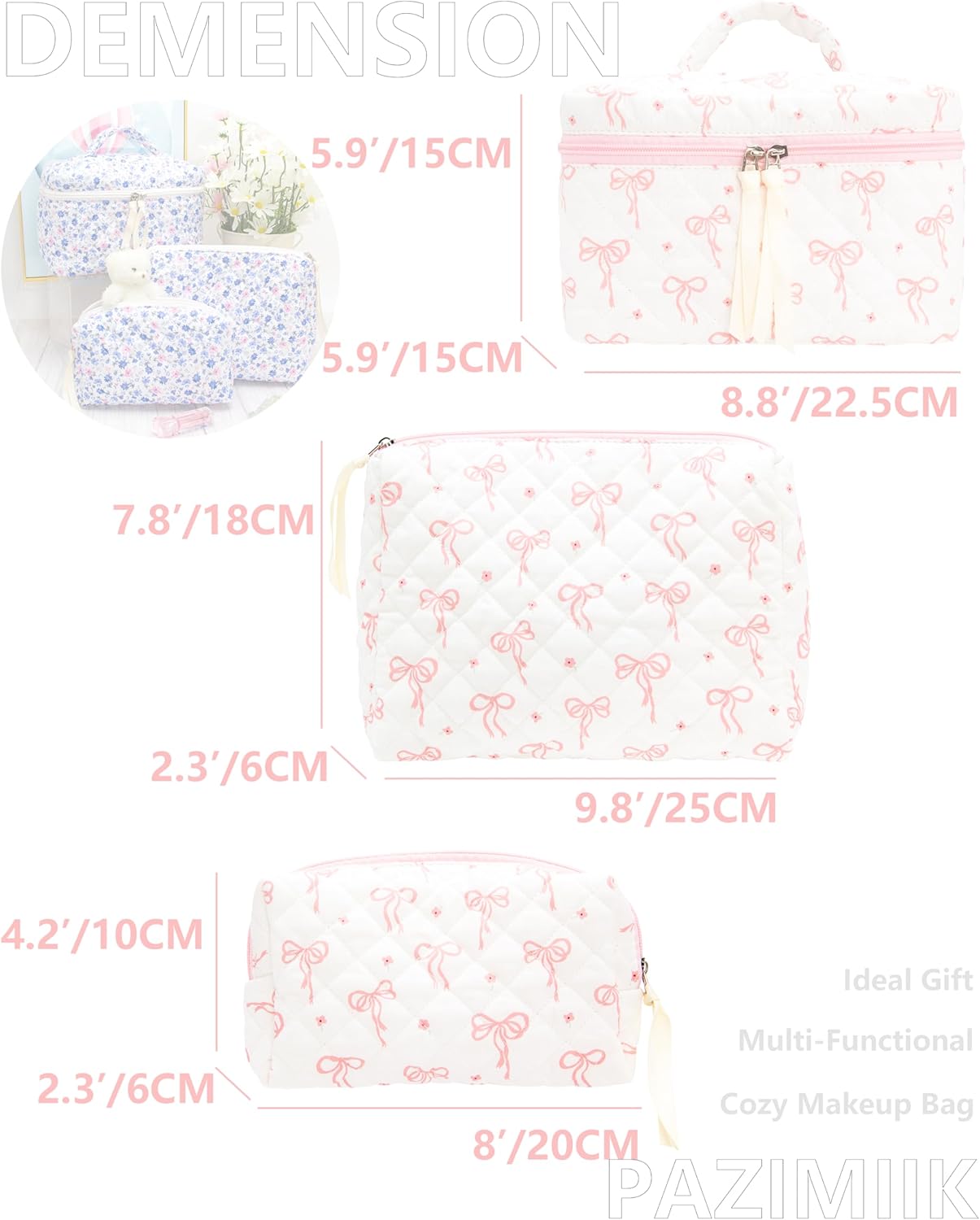 3PCS Makeup Bag SET Large Travel Quilted Zipper Soft Cosmetic Case Pouch for Women Girls Make Up,Bow Pink