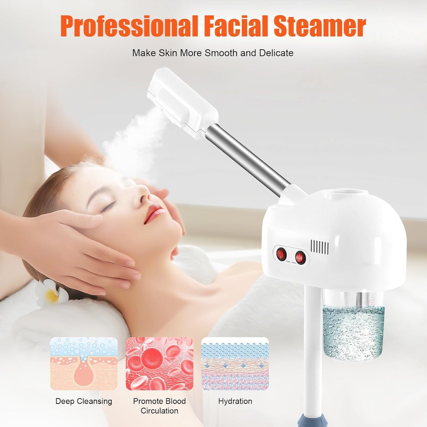 Professional Facial Steamer for Estheticians, Esthetician Facial Deep Cleaning Skin Care Equipment with Foldable Arm, Face Steamers on Wheels for Salon Beauty and Spa Shop