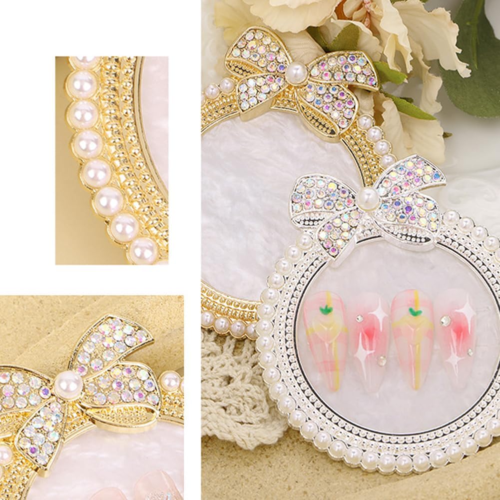 2 Pack Bow with Rhinestones Pearl Nail Art Palette Nail Polish Art Painting Mixing Palette Holder Pearl Edge Professional Cosmetic Nail Art Tools for Women and Girls Nail Polish Display