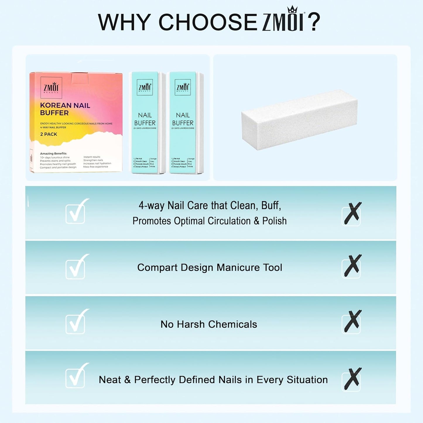 Pro Nail Buffer Block – 2 Pack Luxurious Shine Korean 4-Way Nail Buffing Block – Natural Shine Nails – Manicure/Pedicure Tools for Home and Salon