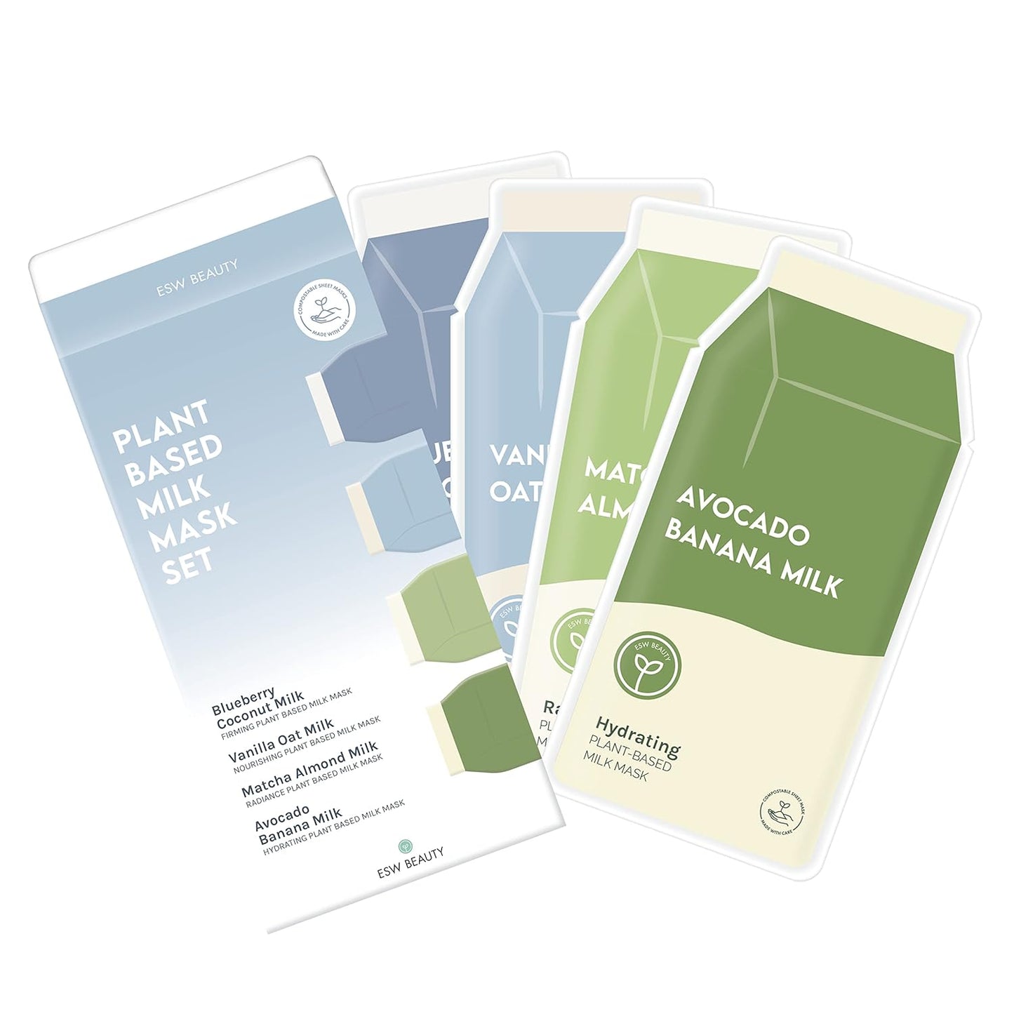 ESW Beauty Plant-Based Milk Face Masks - 4-Pack Skincare Set - Hydrating, Radiance, Firming & Soothing with Avocado, Matcha, Blueberry, Vanilla & Oat Extracts for All Skin Types