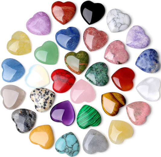 QINJIEJIE 30PCS Heart Crystals Healing Crystal Palm Natural Stones Polished Gemstones Amethyst Malachite Rose Quartz Assorted Set 0.8" Bulk Wholesale Reiki Energy Balancing Love Galentines Day Gifts