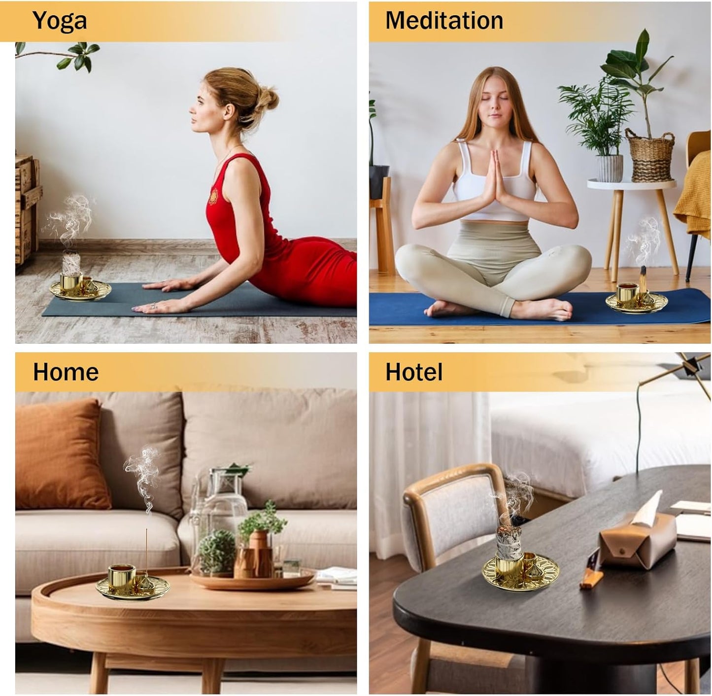 Palo Santo Holder - 4 in 1 Incense & Candle Holder - Ceramic Incense Holder Ash Catcher Tray for Meditation Room - Easy to Clean (Gold)