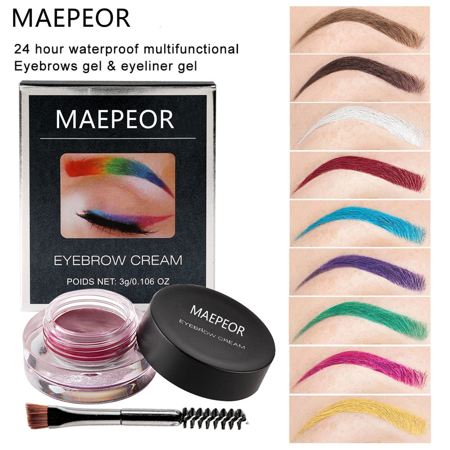 MAEPEOR 12 Colors Eyebrow Pomade Full-pigmented Long Lasting Waterproof Eyebrow Cream Gel Filling & Shaping Tinted Eyebrows Enhancers with Brush for Daily or Party (07 Bright Red)