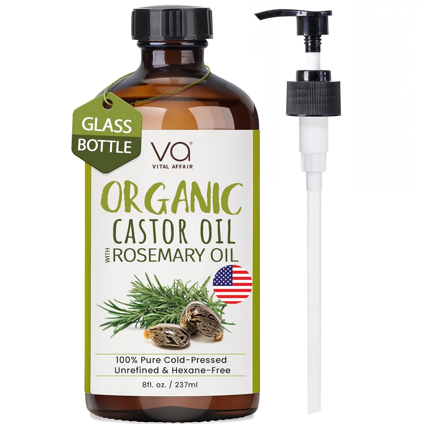 Organic Castor Oil With Rosemary Oil For Hair Growth - 100% Pure Rosemary Hair Oil With Pure Castor Oil Cold Pressed Unrefined Glass Bottle - Strengthening & Volumizing 8 Fl Oz