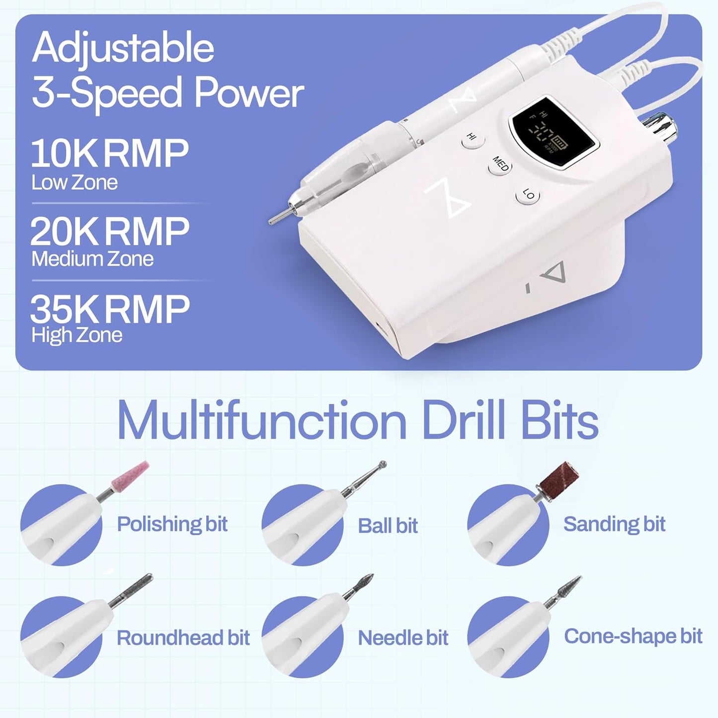 M GEM Brushless Nail Drill 35K RPM | Professional Cordless Efile Machine | Rechargeable Electric Nail File with Bits | Portable Quiet Low Vibration Tool for Acrylic, Gel, Natural Nails (White)