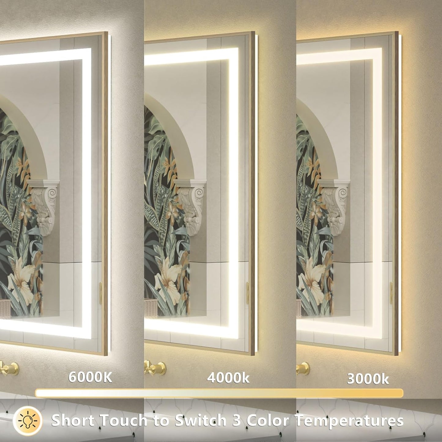 OKPAL Gold LED Bathroom Mirror with Lights, 50x36 Frontlit & Backlit Lighted Bathroom Mirror, LED Vanity Framed Mirror, Anti-Fog, Dimmable, 3 Colors, Shatterproof, ETL Listed