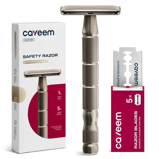 Double-Edge Safety Razor, Single-Blade Razors with 5 Stainless Steel Razor Blades for Men and Women, Reusable Metal Razor – Champagne Matt