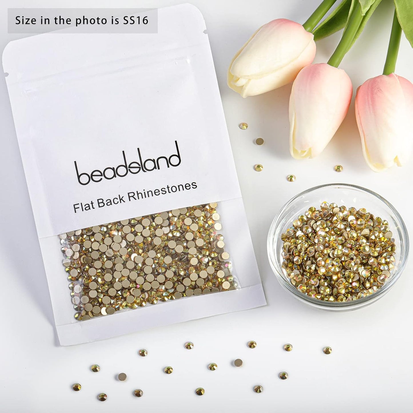 beadsland Flat Back Crystal Rhinestones Round Gems, Metal Sunlight (3.8-4.0mm) SS16/1440pcs