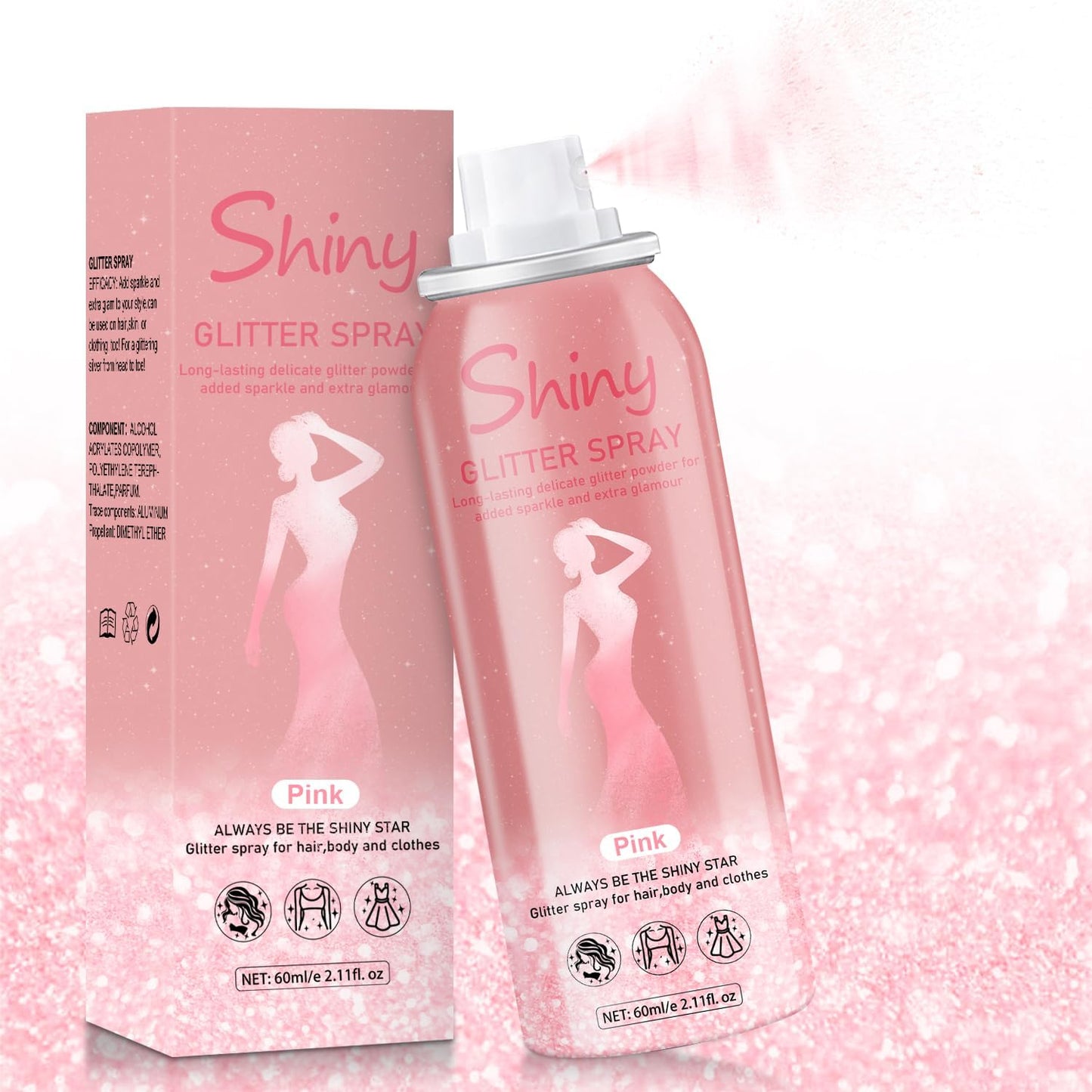 Hair and Body Glitter Spray, Holographic Glitter Highlighter Powder, Hairspray for Clothes, Face Body Shiny Glitter, Loose Shimmer Hairspray Festival Rave Prom Accessories, 2.11 Fl Oz (Pink)