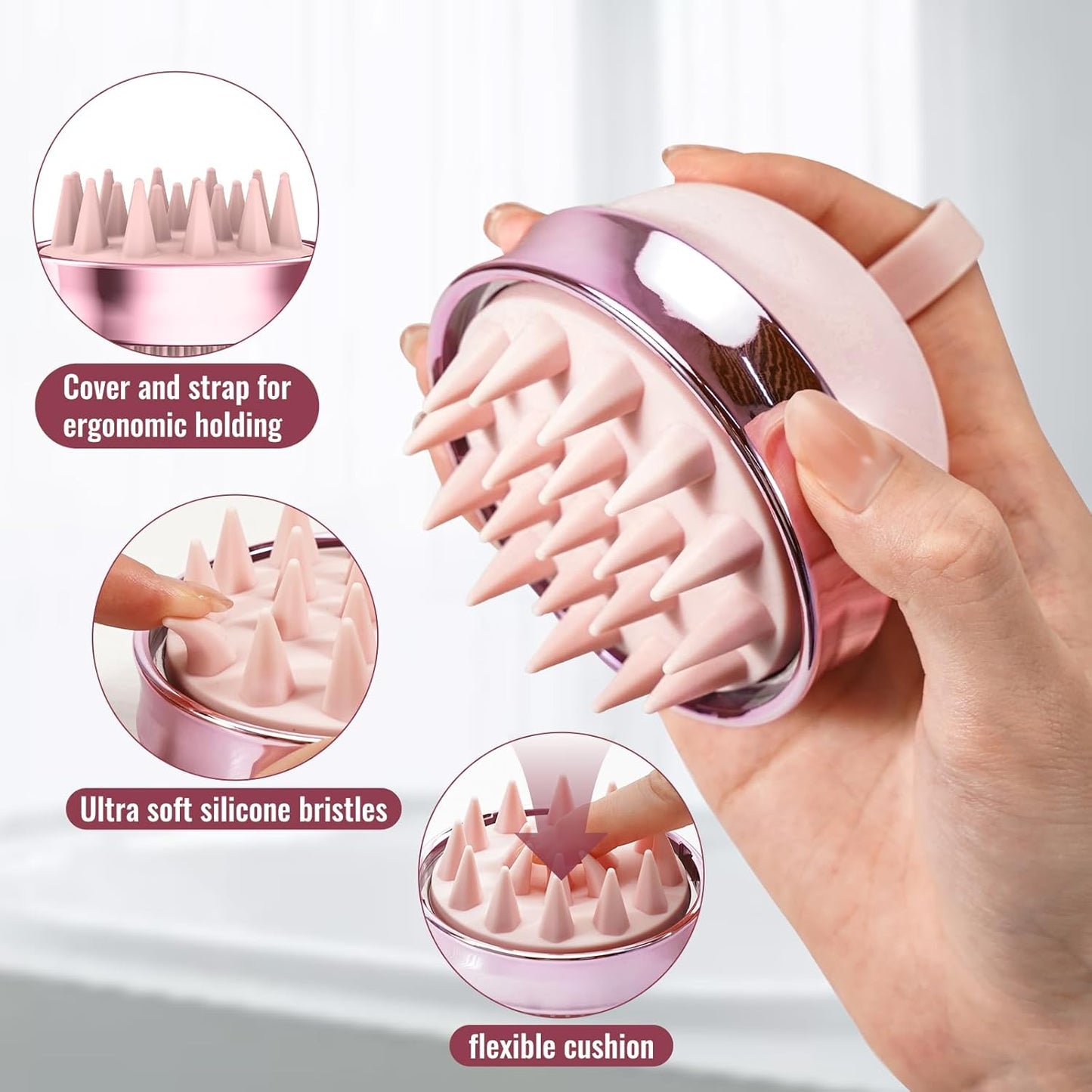 2 in 1 Scalp Massager Hair Growth,Scalp Scrubber with Soft Silicone Bristles for Dandruff Removal,Shampoo Brush for Exfoliation,Head Massager for Both Wet and Dry Use (Pink)