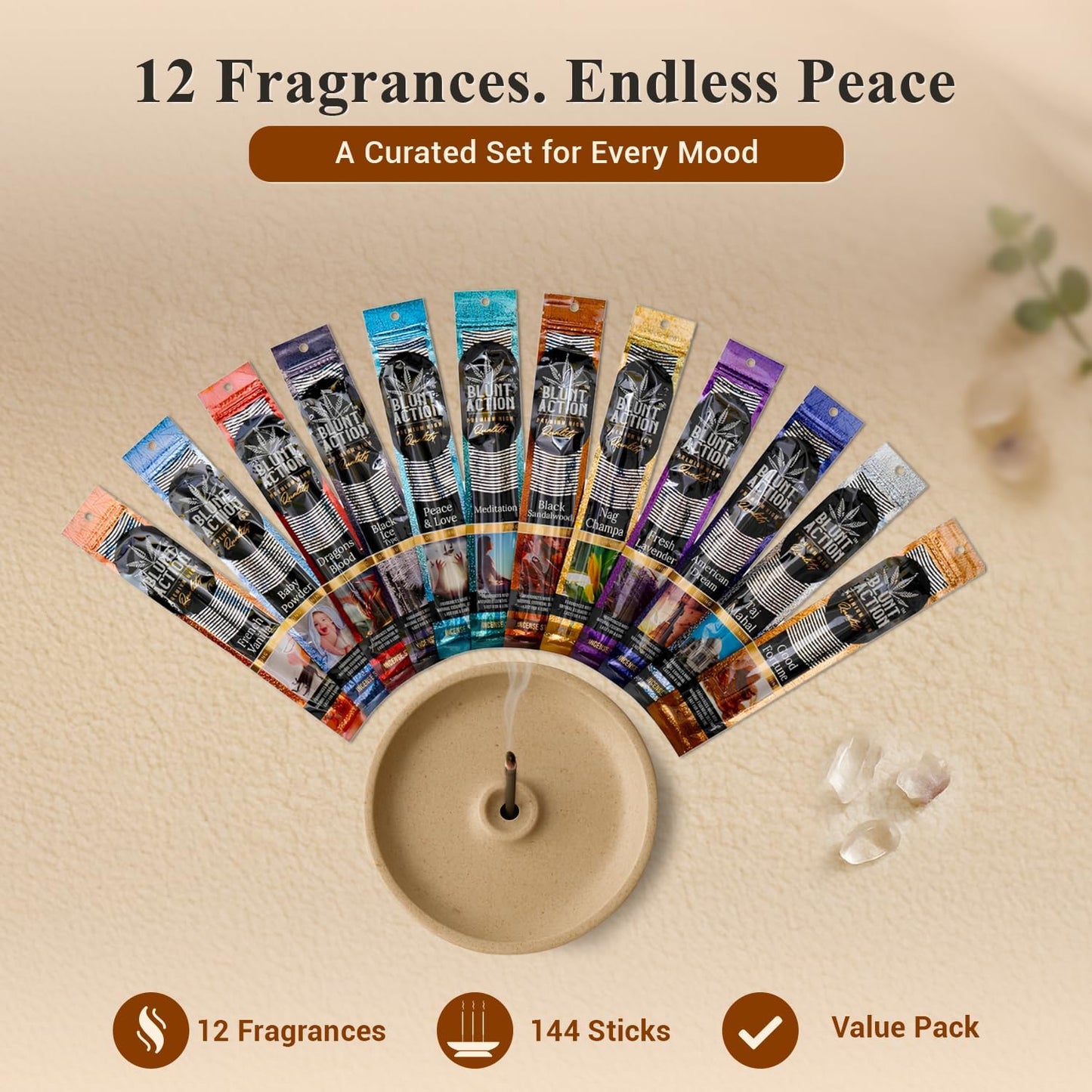 Tulasi Blunt Action Incense Sticks, 12 Packs, 144Pc, Long Lasting Fragrance, Natural Essential Oils Hand Rolled Incense Sticks for Aromatherapy, Relaxing, Yoga, Meditation, Prayer