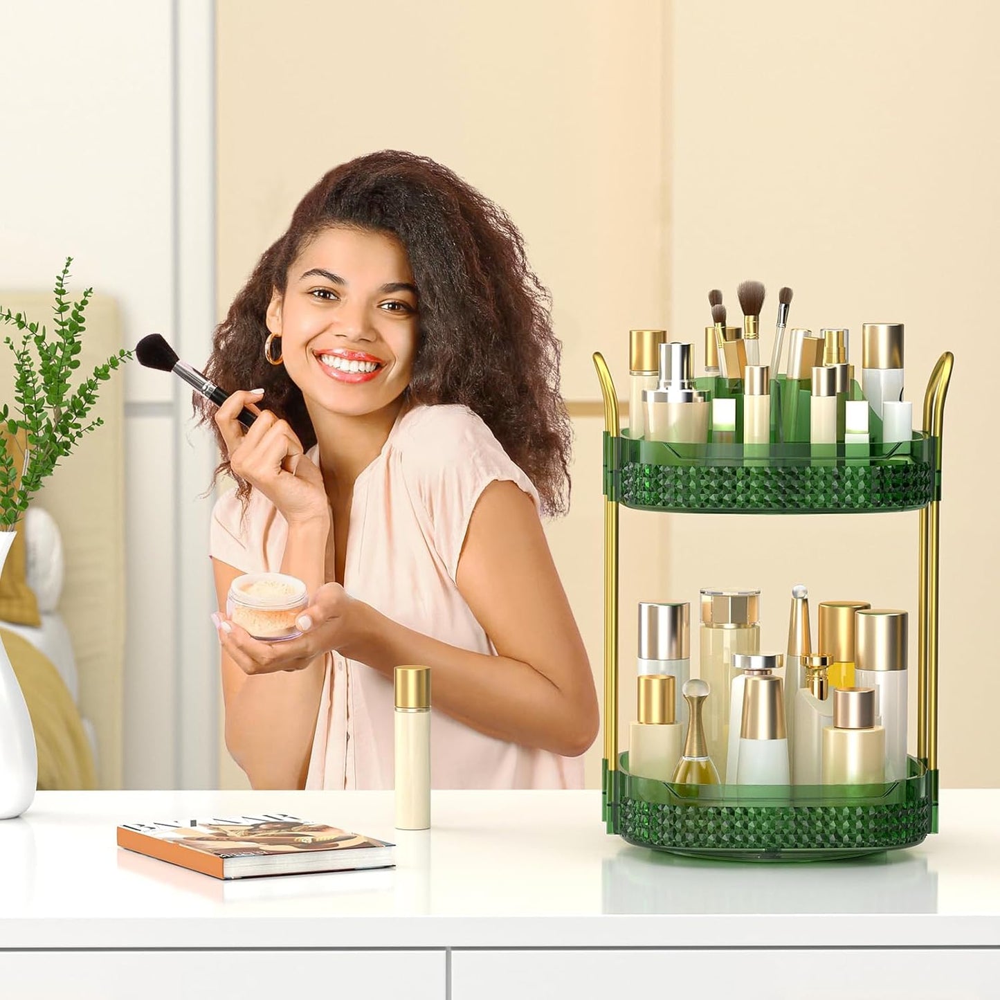360° Rotating Makeup Organizer 2 Tier, Large Skincare Clear Make Up Storage Spinning Perfume Organizers for Bathroom Counter Dresser, Green