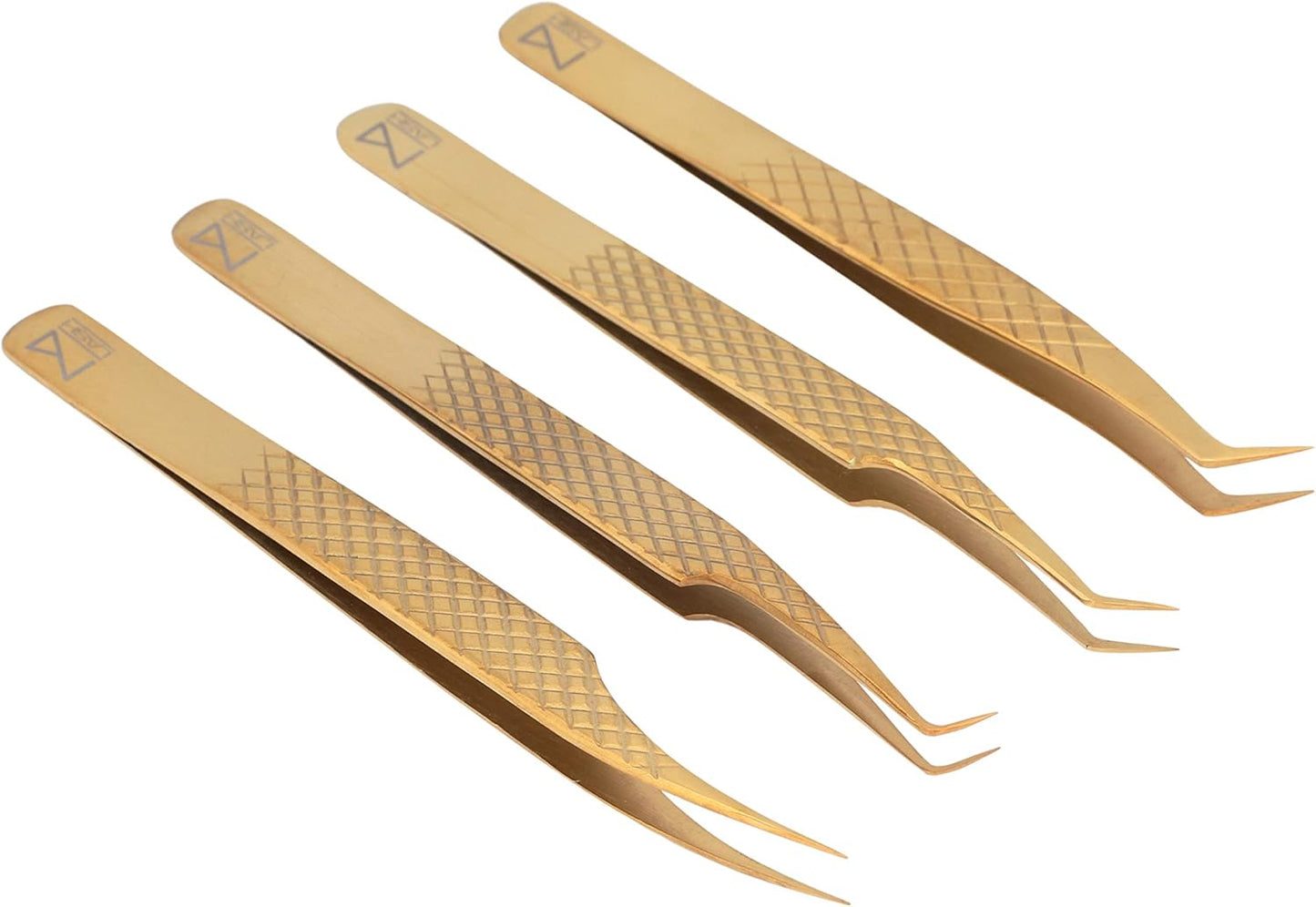 M LASH Eyelash Extension Tweezers (Set of 4) - Professional & Precision Lash Tweezers for Eyelash Extensions - Japanese Steel, Diamond Grip, Fiber Tip V3 (Gold)