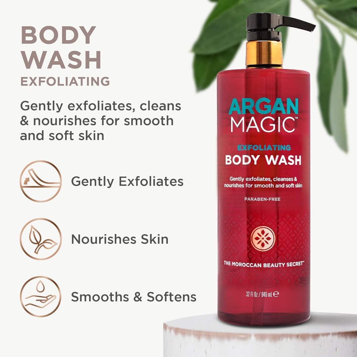 Argan Magic Exfoliating Body Wash - Exfoliates Cleanses Nourishes & Hydrates to Soften Skin - With Lactic Acid, Glycolic Acid, & Argan Oil | Gentle & Paraben Free (32 oz)