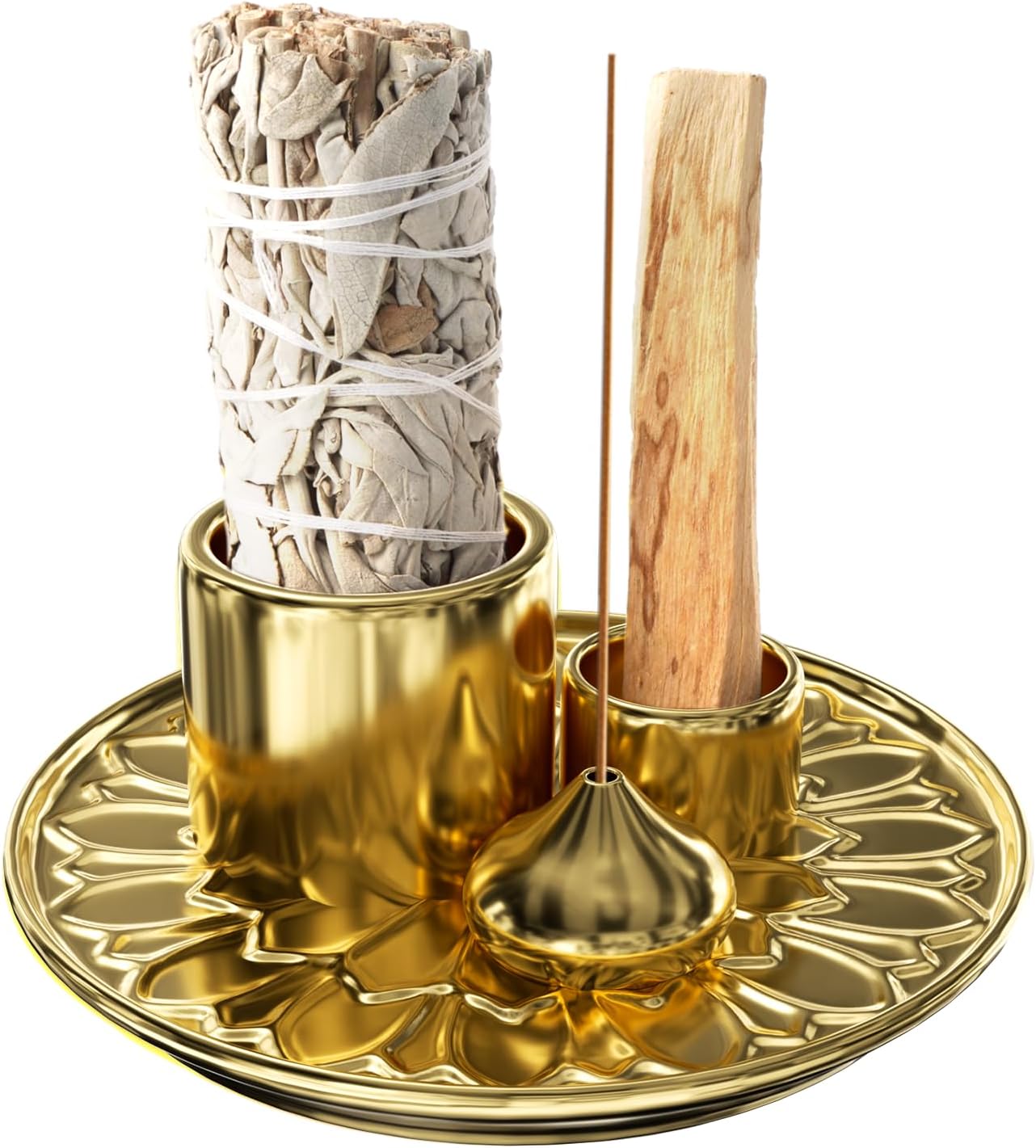 Palo Santo Holder - 4 in 1 Incense & Candle Holder - Ceramic Incense Holder Ash Catcher Tray for Meditation Room - Easy to Clean (Gold)