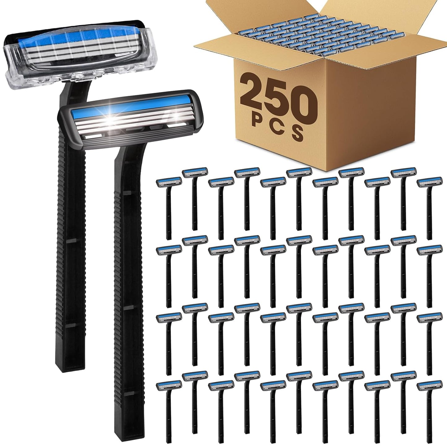 CXYARY 250 Pcs 3 Blade Disposable Razors With Clear Safety Cap, Shaving Razors Bulk for Men &Women, Stainless Steel Blade, Multipurpose Portable Shave Razor for Bathing Hotel Travel, Black