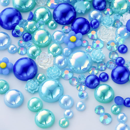 160g Cyan Blue Flat Back Pearls Rhinestones for Crafts Mixed Size 3mm-10mm AB Color Round Half Pearls Flatback Pearl Beads and Resin Rhinestones Set for Face Art