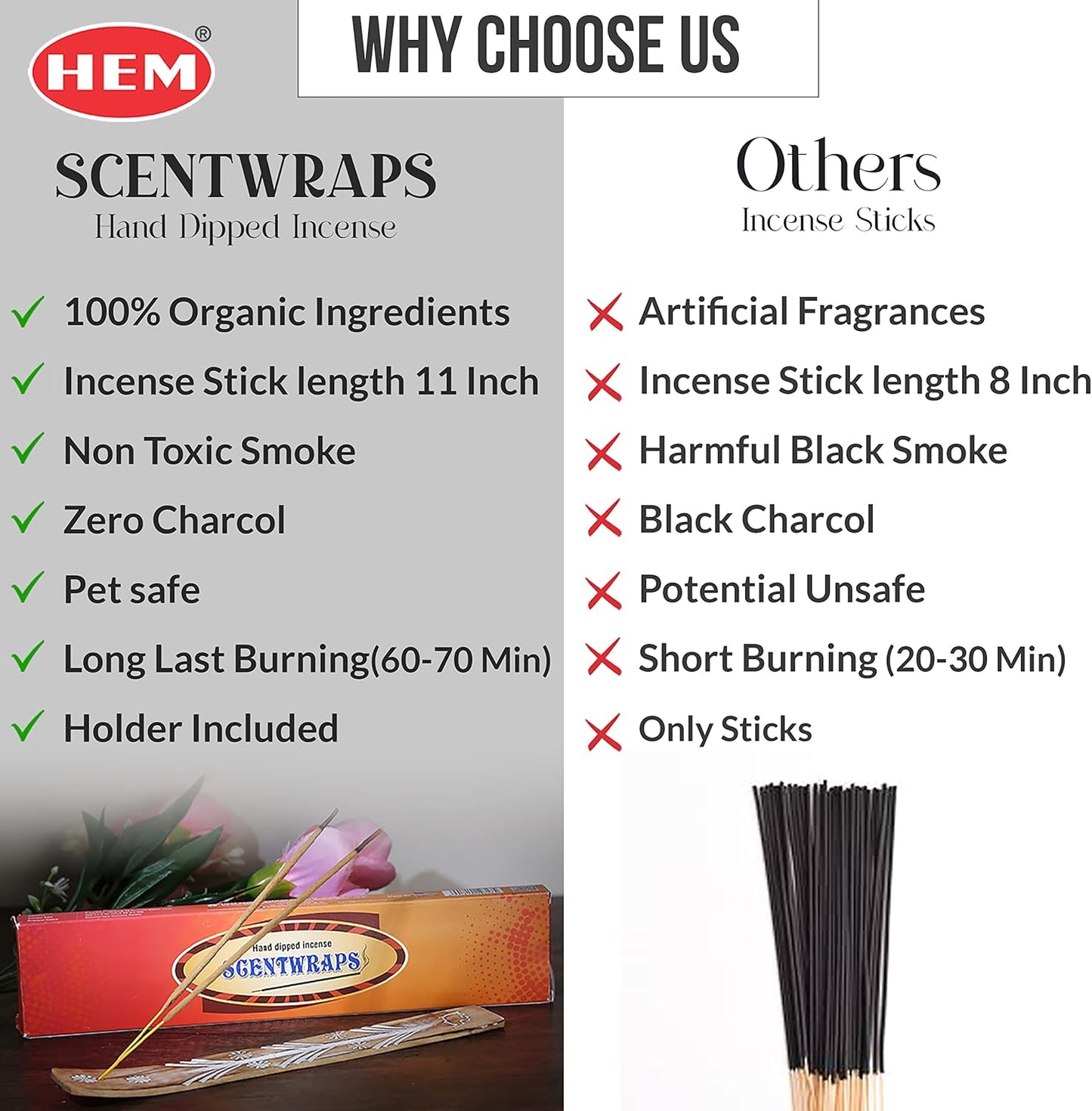 Hem Incense Sticks -10 Scents Veriety Pack 12 Sticks Each-11 Inches, 120 Total Stick- with Natural Inscent Holder, Aromatic Assorted Hand Dipped Insense-Sticks