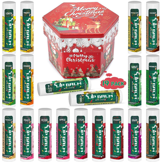 Yopela 19 Pack Christmas Natural Lip Balm Bulk with Vitamin E and Coconut Oil Lip Care Set - Moisturizing, Soothing, and Repairing Dry and Chapped Lips - 19 Flavors - Non-GMO