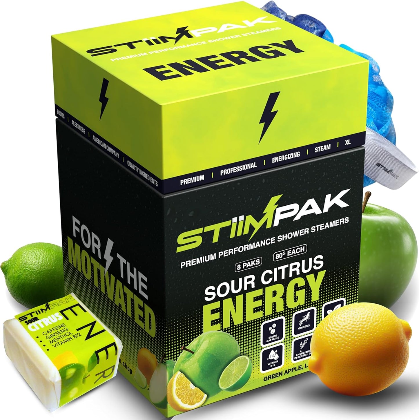 Shower Steamers | Energy | XL 80g Long Lasting | Caffeine, B12, Ginseng, & Menthol | Gift for Men & Women | Extra Strength Aromatherapy for Focus & Productivity | Sour Citrus | STiiMPAK (8 Pack)