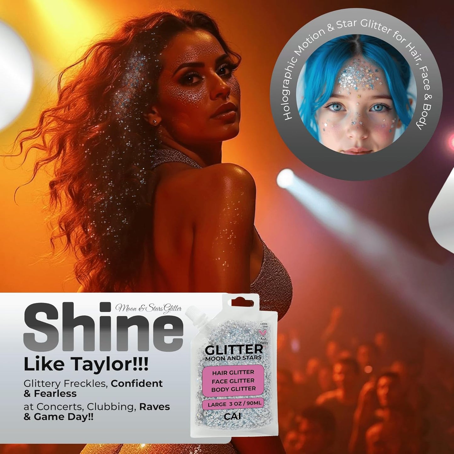 Face, Body & Hair Glitter Gel – Halloween Glitter for Kids and Women – 3 Oz Cosmetic-Grade Gel w/Moon & Stars for Festivals & Halloween Party, Easy Apply & Wash Off - Violet 1Pack