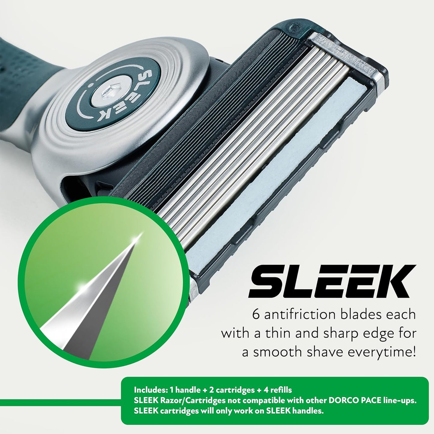 DORCO SLEEK Six Blade Razor System Bundle with Multi-Flex Technology, Ergonomic Handle With Precision Shaving Razor Replacements, 6 Cartridges