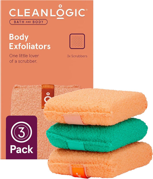 Cleanlogic Bath and Body Exfoliating Body Scrubber, Small Exfoliator Tool for Smooth and Softer Skin, Daily Skincare Routine, Assorted Colors, 3 Count Value Pack
