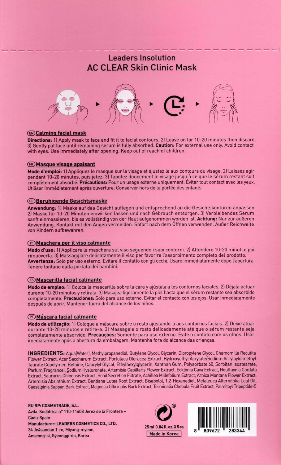 Leaders Insolution AC Clear Skin Clinic Mask | Snail Secretion & Tea Tree Oil for Acne, Redness, Oil Control | 100% Cotton Bemliese Sheet | Balances & Soothes Sensitive Skin (5 Sheets)