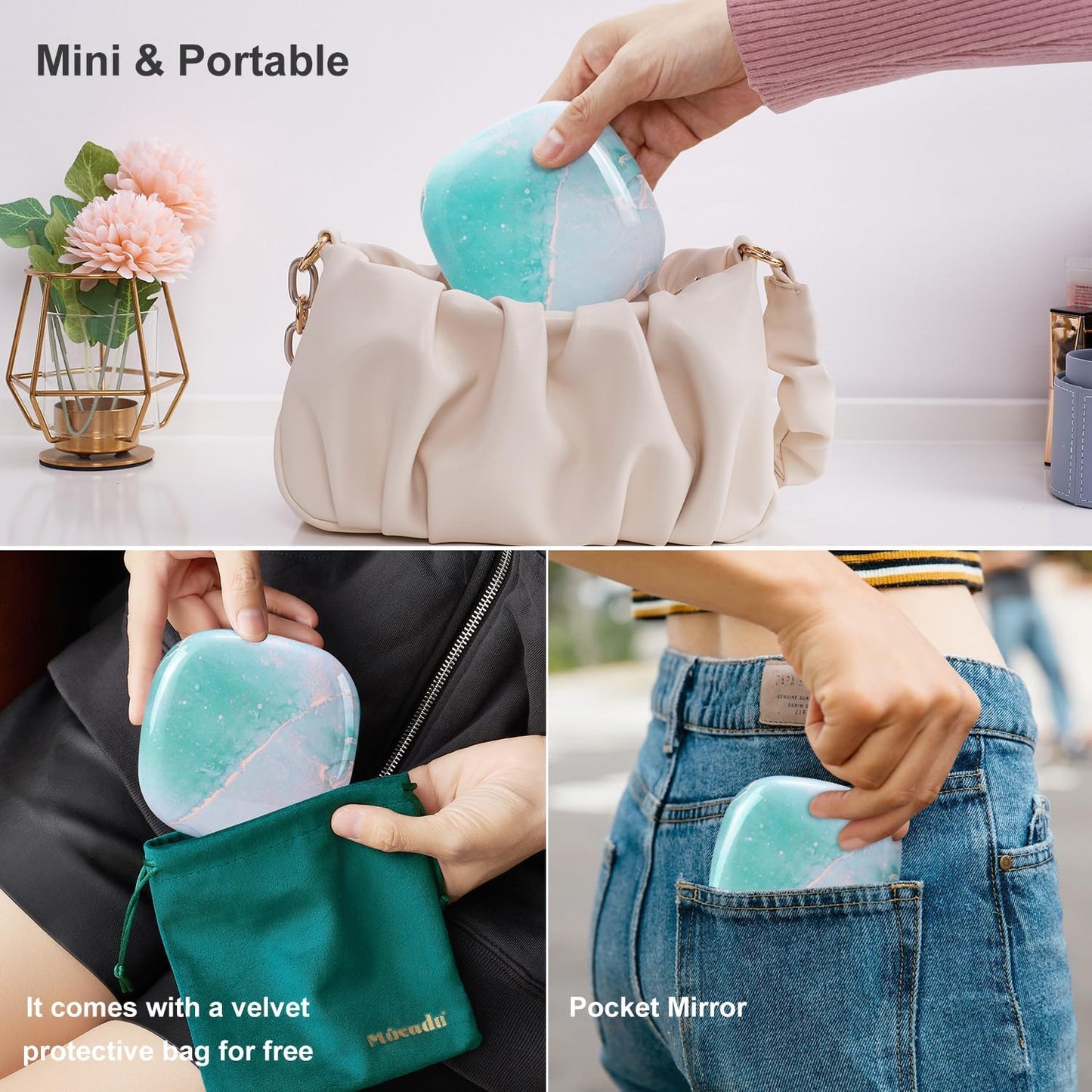 Mocado Compact LED Travel Makeup Mirror - 4 Inches 1X/10X Magnification Travel Mirror with Light Dimmable Double Sides Lighted USB Rechargeable Compact Mirror for Purse,Pocket,Travel(Blue Marble)