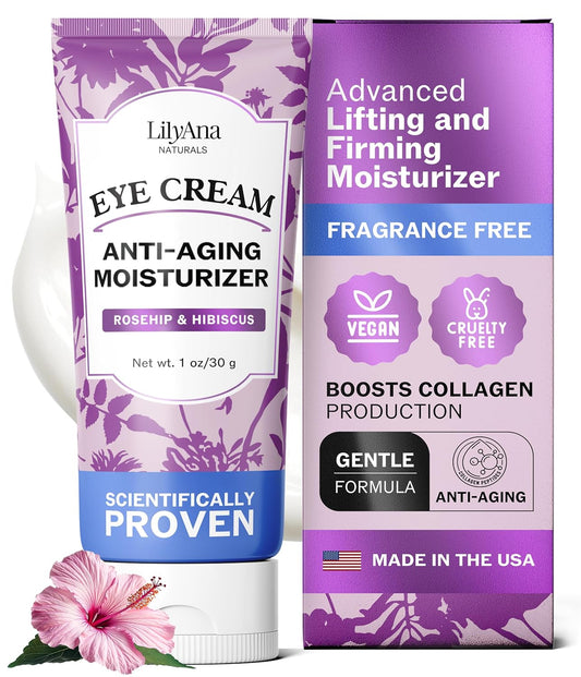LilyAna Naturals Eye Cream for Dark Circles and Puffiness, Anti Aging Under Eye Cream for Wrinkles and Bags helps Improve Dryness; for Sensitive Skin (Bottle, 1.0 Ounce (Pack of 1))