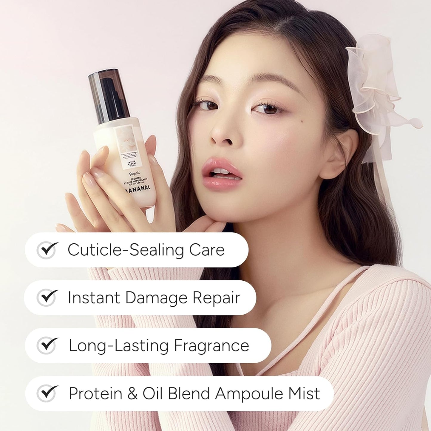 Korean Ampoule Hair Serum Mist with Camellia & Jojoba Oil – Nourishing & Moisturizing Hair Treatment, Frizz Control, Paraben & Sulfate Free, White Floral Musk, 100ml / 3.38 fl oz