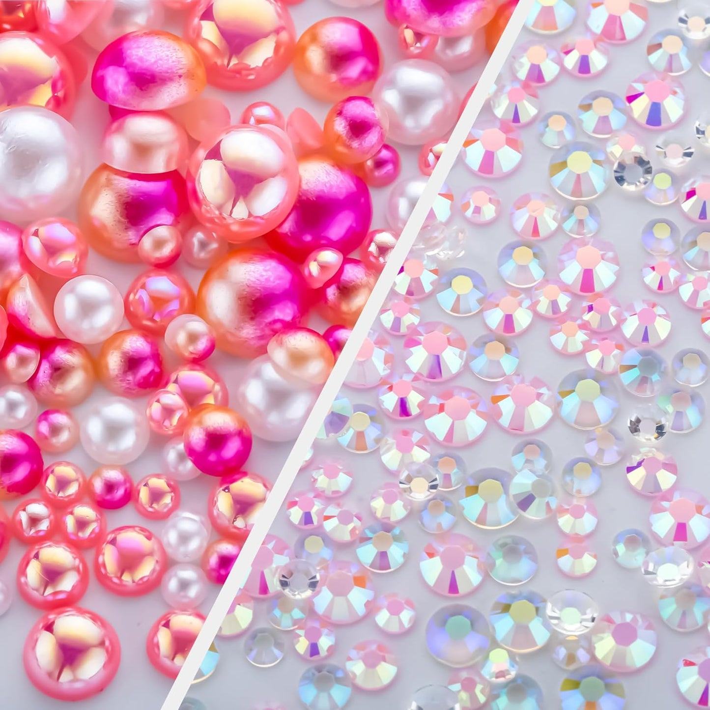 60g Pink Flat Back Pearls Rhinestones for Crafts Mixed Size 3mm-10mm AB Color Round Half Pearls Flatback Pearl Beads and Resin Rhinestones Set for Face Art with Glue