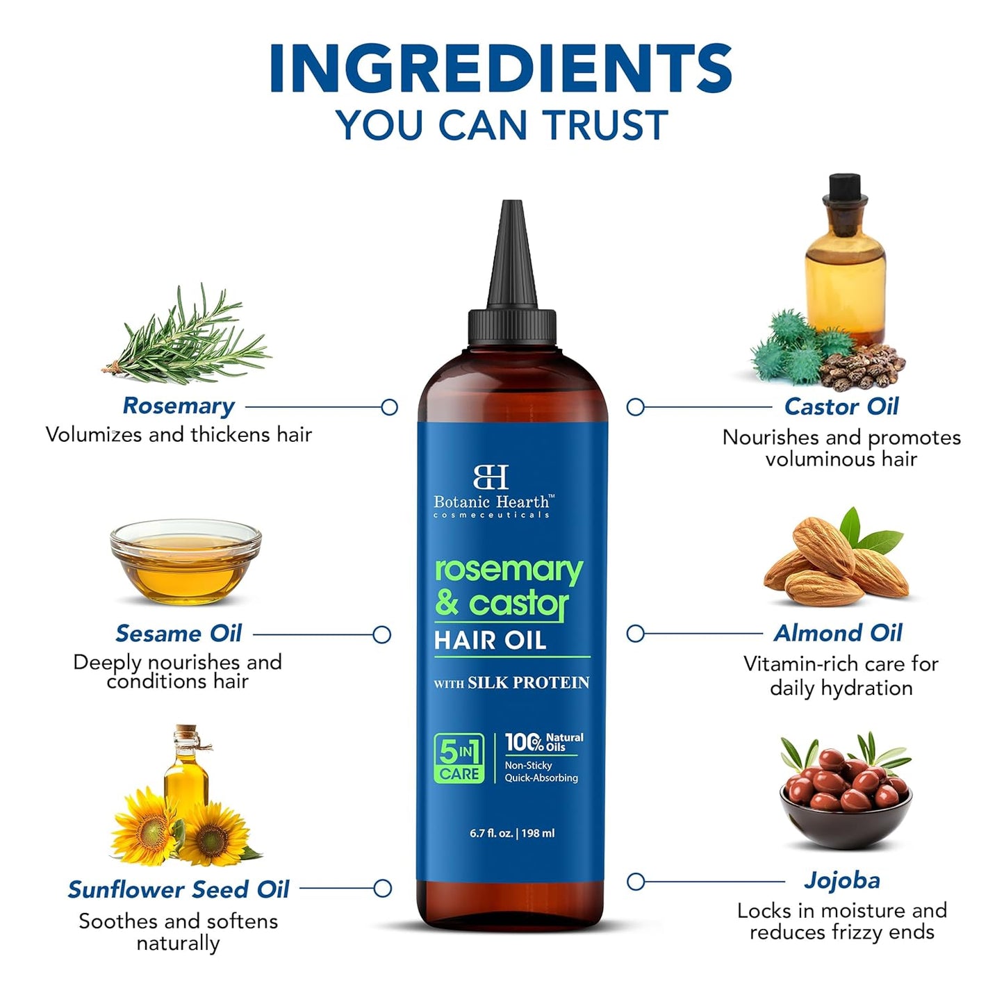 Botanic Hearth Rosemary & Castor Hair Oil (6.7 Fl Oz) |Nourishing And Strengthening Hair Treatment For Thicker, Healthier|Looking Hair | Paraben Free | Suitable For All Hair Types