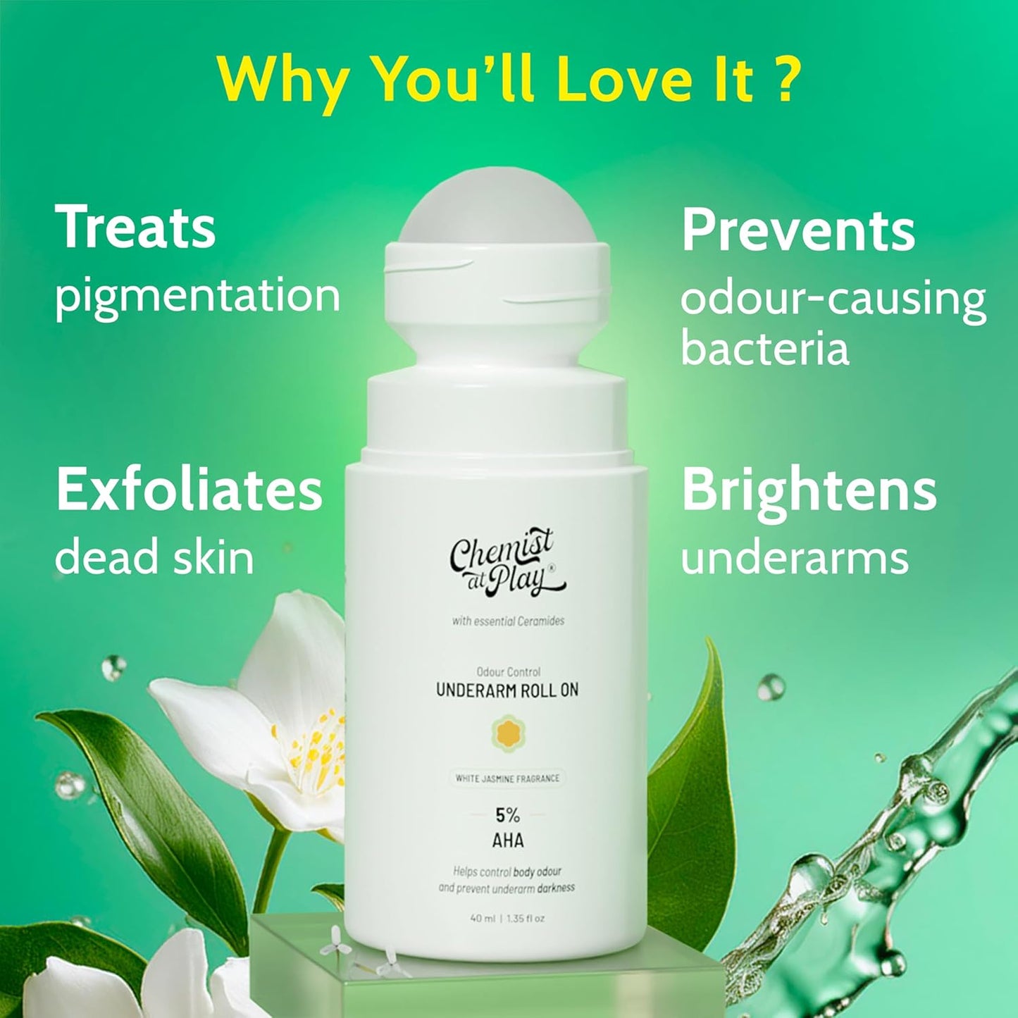 UnderArm Roll-On with 5% AHA|Lactic & Mandelic Acid|Prevents Odour, Brightens Skin & Exfoliates Underarm|For Sensitive Skin|White Jasmine Fragrance|Alcohol & Aluminium Free| 1.35 fl oz