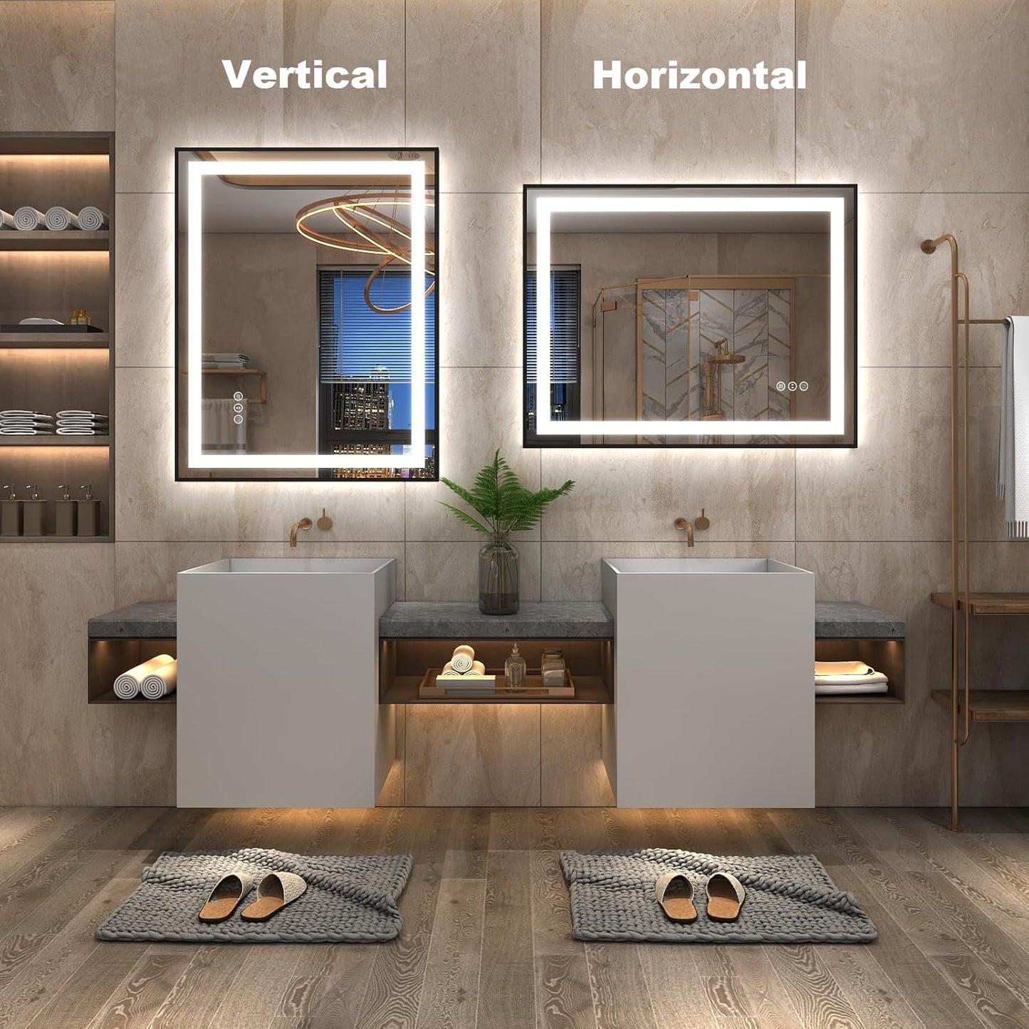 OKPAL 28x36 Black Frame LED Bathroom Mirror, Lighted Bathroom Mirror with Lights, Frontlit & Backlit Lighted Vanity Mirror, Anti-Fog, Dimmable, Shatterproof, Horizontal/Vertical