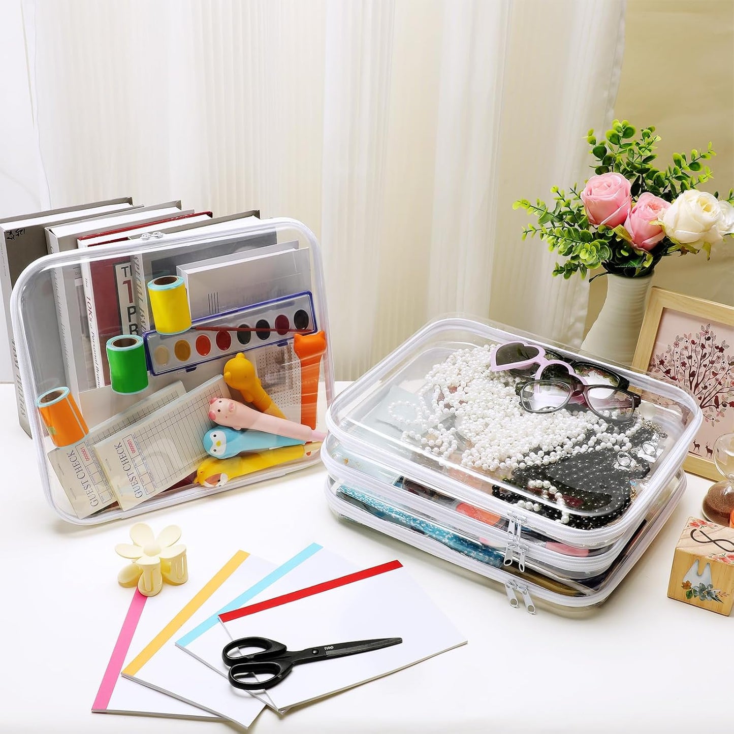 Hoolerry 4 Pcs Hard Clear Zipper Case Makeup Bags Plastic Pencil Pouch Transparent Storage Box Containers for Cosmetics, Snacks, Building Blocks, Puzzles(White,13.8 x 11.8 x 2 in)