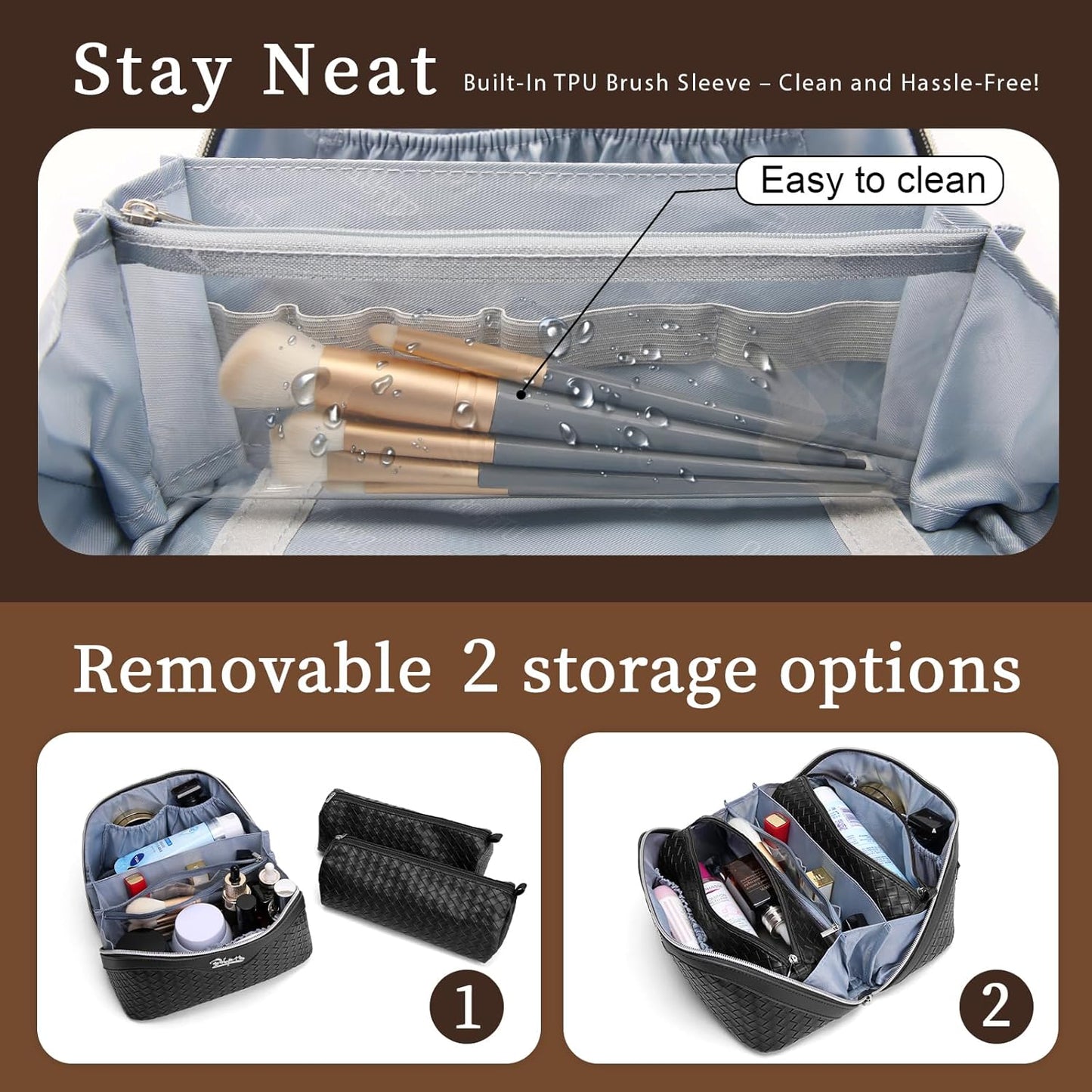 BOYATU Travel Makeup Bags for Women: 3 Pcs Large Make up Bags Set - Vegan Leather Cosmetic Bag for Traveling - Waterproof Toiletry Organizer (L03 Black)