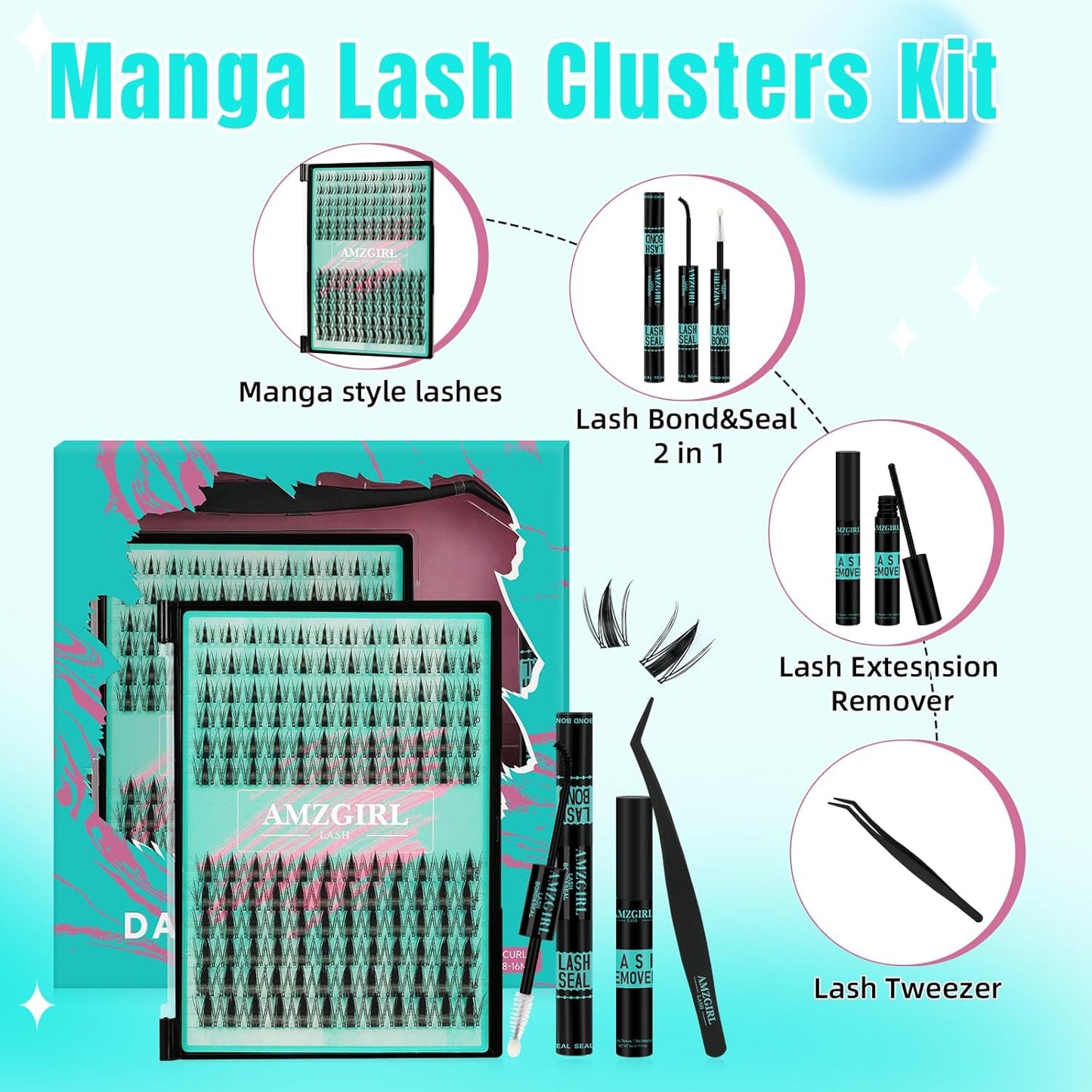 Manga Lash Clusters Kit 144PCS Fairy Eyelash Extension Kit with Lash Bond and Seal, Fake Eyelashes Clusters with Invisible Lash Band, Lash Glue Remover and Lash Applicators (8-16mm Kit,Black Bond)