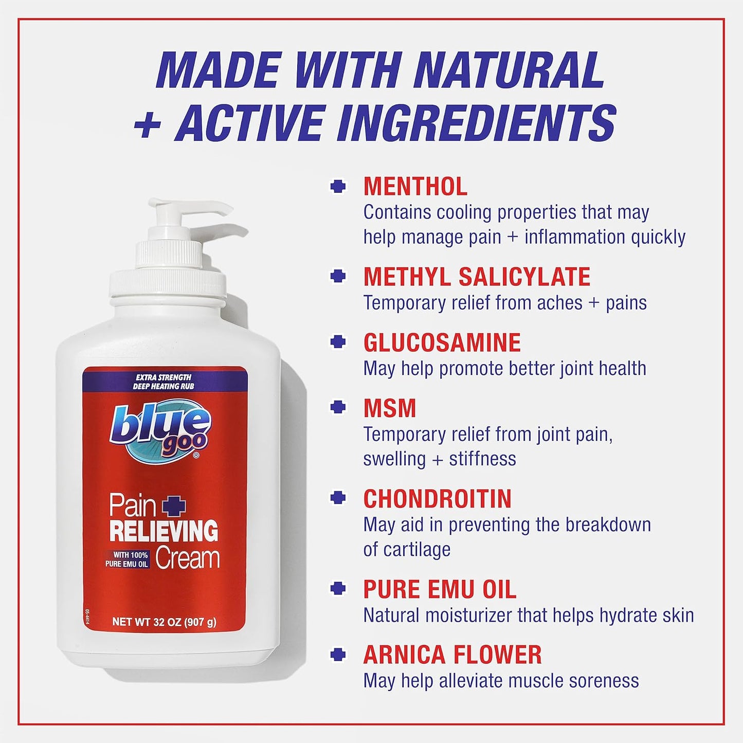 Blue Goo Pain Relieving Cream – for Back and Neck Pain, Sports-Related Muscle and Joint Pain, Sprains and Strains, Maximum Strength Deep Heating Rub, Made with 100% Pure Emu Oil, 32 oz (1 Pack)