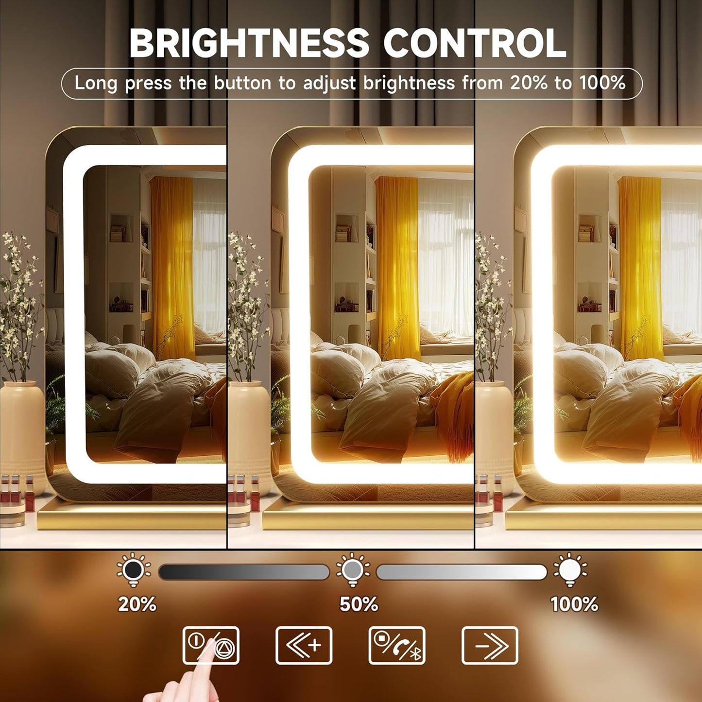 Hasipu Vanity Mirror with Lights and Bluetooth Speaker, 32" x 21.7" LED Makeup Mirror, Lighted Makeup Mirror with Dimmable 3 Modes, USB Charging Port, Round Gold