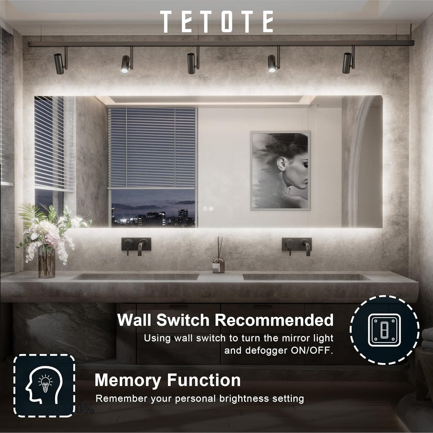 TETOTE 40 x 28 Inch LED Mirror Backlit Bathroom,Anti-Fog Mirror with Light,Dimmable,CRI90+,IP54 Water Proof,Wall Mounted Vanity Lighted,Horizontal/Vertical